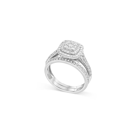 White Gold Split Band Diamond Halo Engagement Ring Set