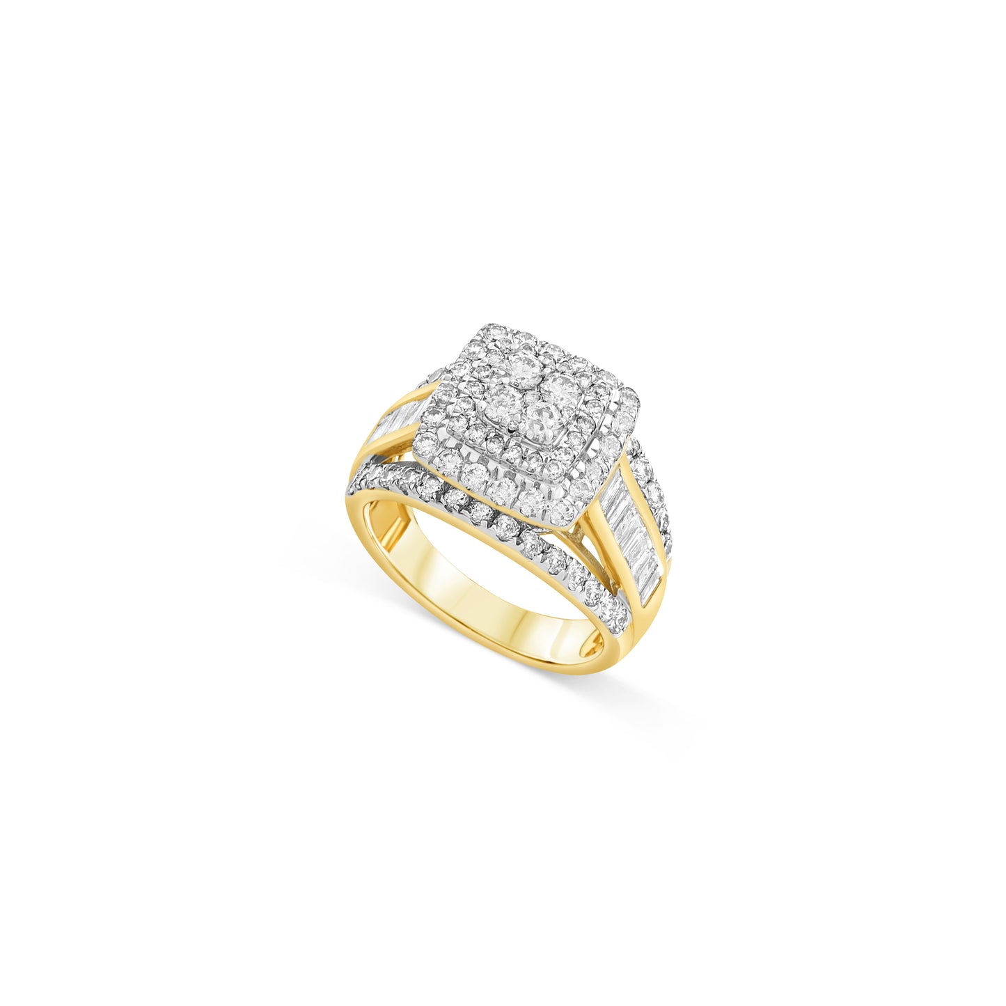 Square Cushion Diamond Ring In Yellow Gold 14K With Baguette Stones On Sides