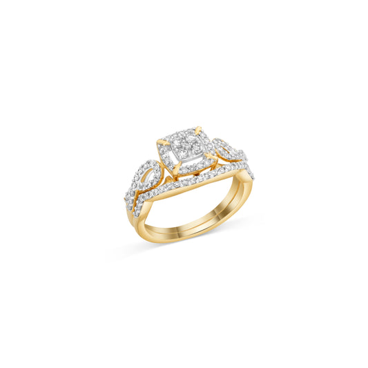 Brilliant Round Diamond Halo Engagement Ring Set Yellow Gold In 14K