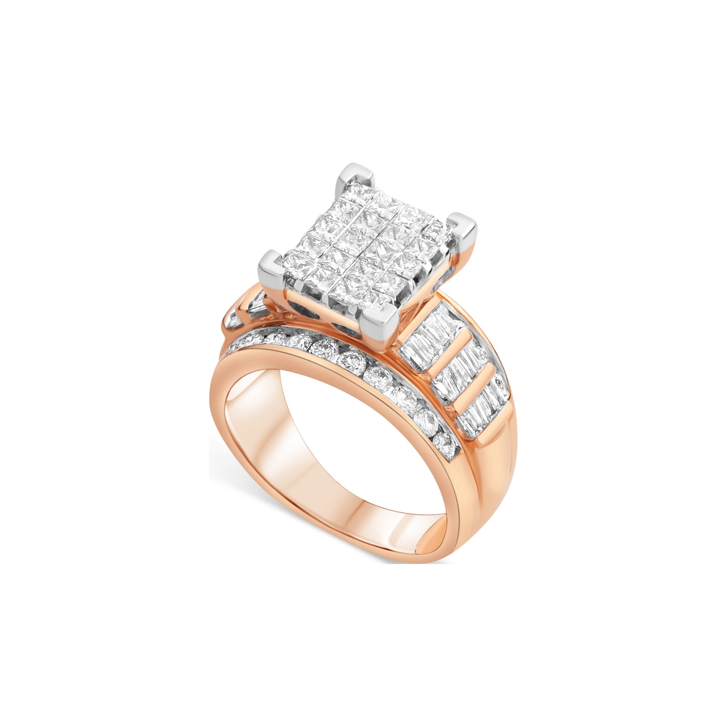 14K Rose Gold Princess And Baguette Cut Diamond Rectangle Engagement Ring