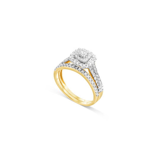 14K Yellow Gold Round Diamond Halo Bridal Ring Set