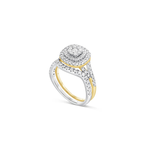 Engagement Ring In Yellow Gold Clustered Diamonds Double Halo