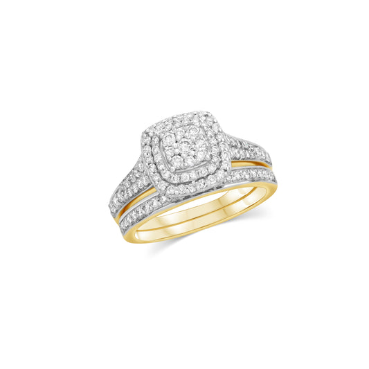 14K White Gold Diamond Double Halo Pavé Engagement Ring Set