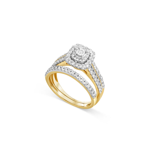 14K Yellow Gold Round Cut White Diamond Bridal Halo Engagement Ring With Matching Band Set