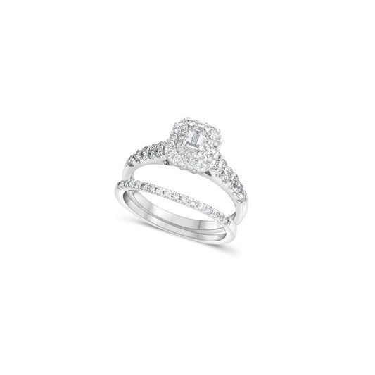 Emerald Cut Moissanite Halo Ring 14K White Gold