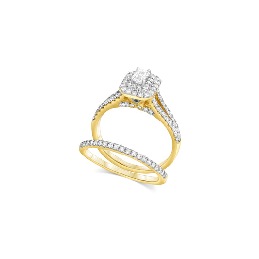 Bridal Set Yellow Gold Emerald Cut Double Halo