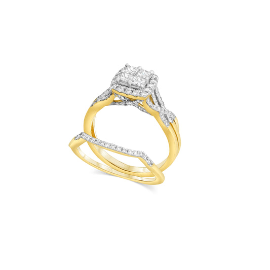 Clutered Diamond In Princess Cut Bed Bridal Set Yellow Gold