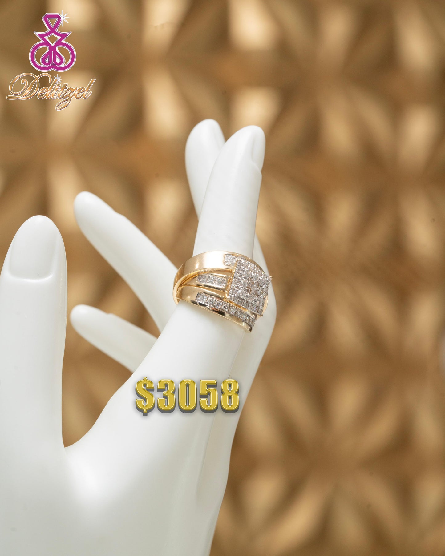 Gold Diamond Ring - Triple Band Square Style 4